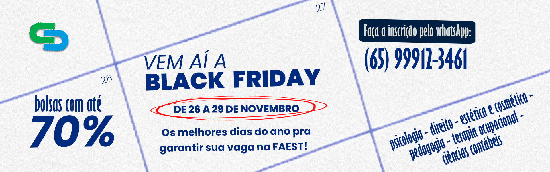 A Black FAEST está no ar com oportunidades únicas para você iniciar sua graduação com vantagens reais.  
Descontos especiais, condições facilitadas e benefícios que só aparecem uma vez por ano.  

É o momento perfeito para garantir sua vaga e dar o primeiro passo rumo ao seu futuro.  
Aproveite enquanto dura — é por tempo limitado!
